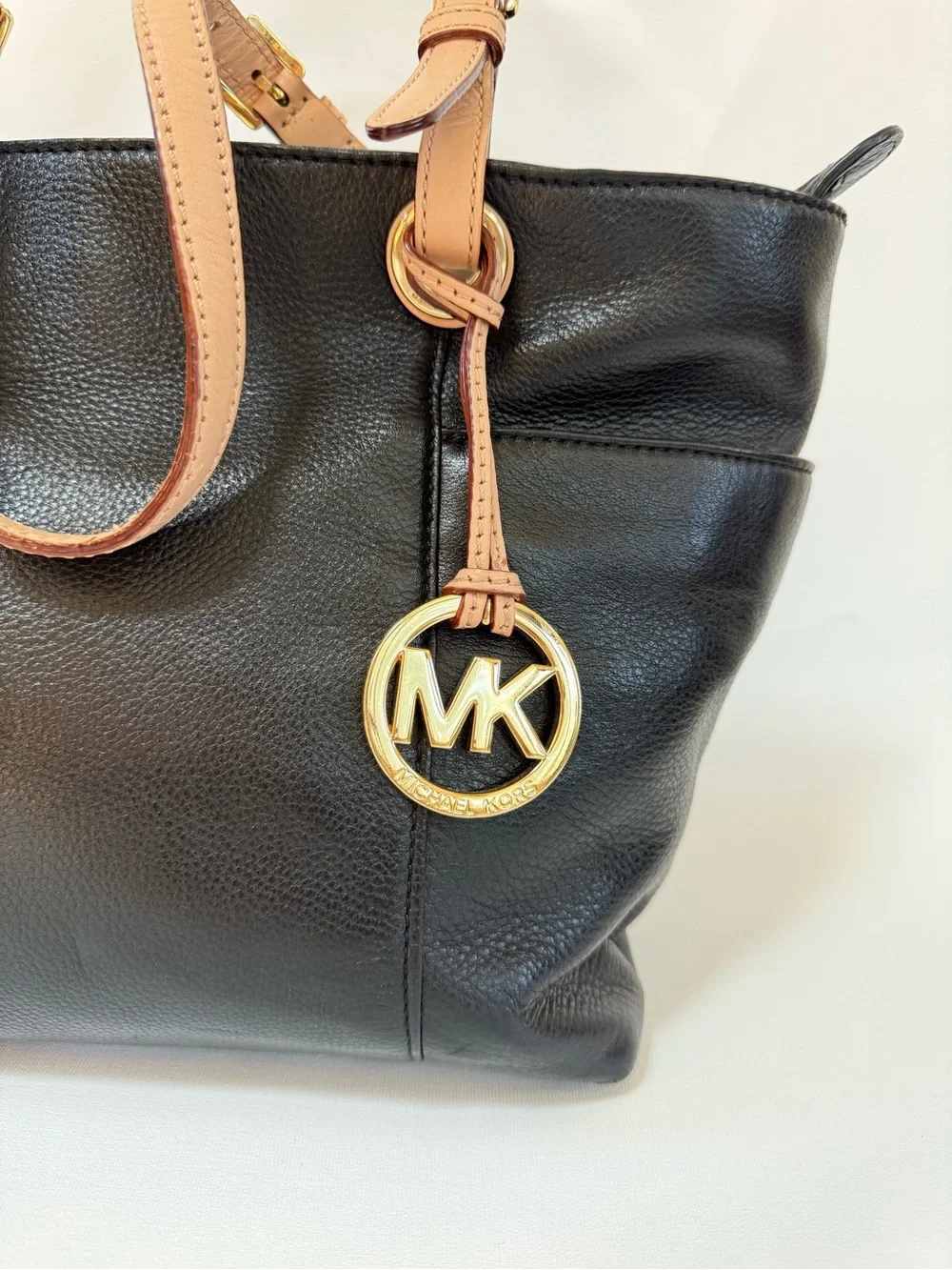 Michael Kors Black pebbled Leather Large Tote with Tan Handles
